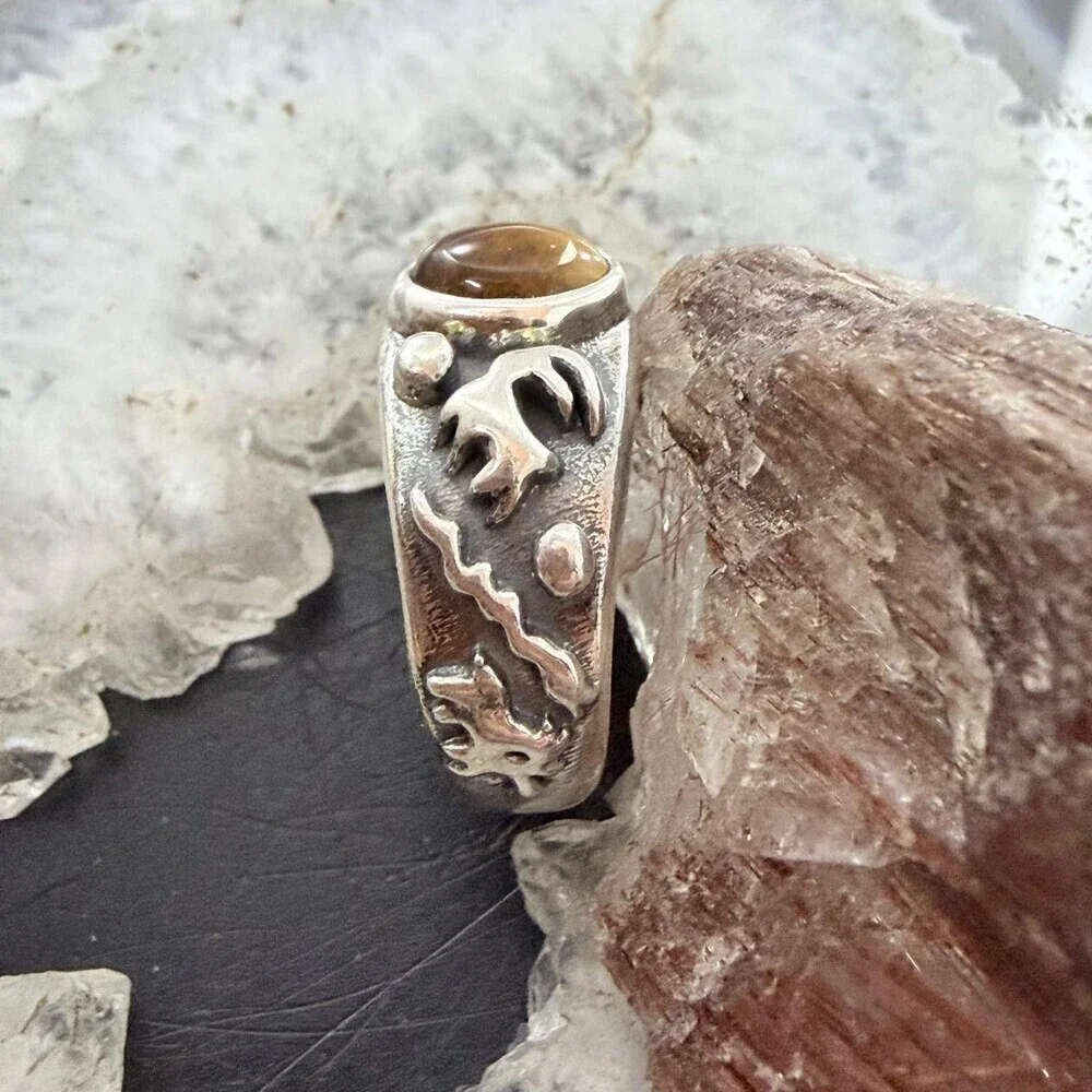 Jody Naranjo Vintage Sterling Silver Tiger's Eye Petroglyph Ring Sz 8 For Women